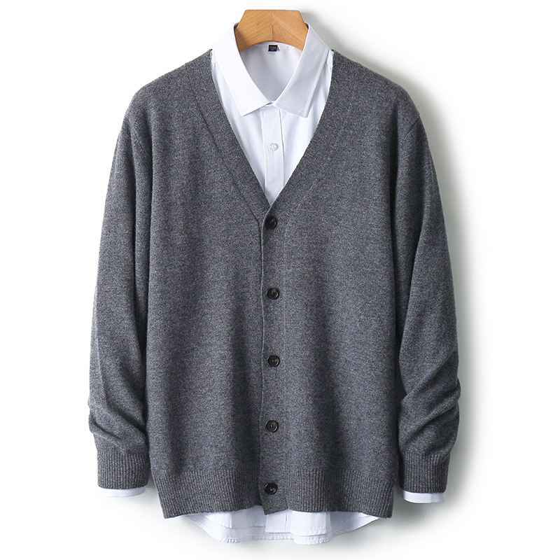 Men's V-neck Wool Cardigan Loose Fit Sweater Jacket Casual Single-breasted Long-sleeved Sweater